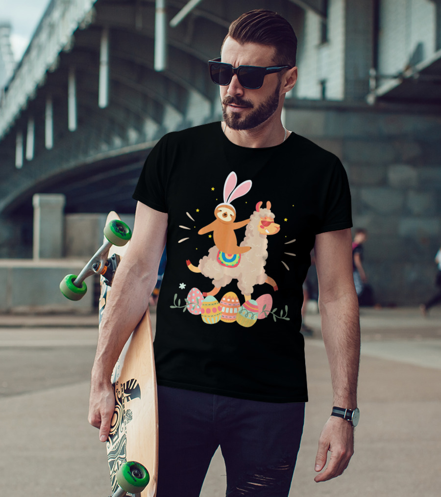 Cute Bunny Sloth Riding Llama Easter Eggs T-Shirt