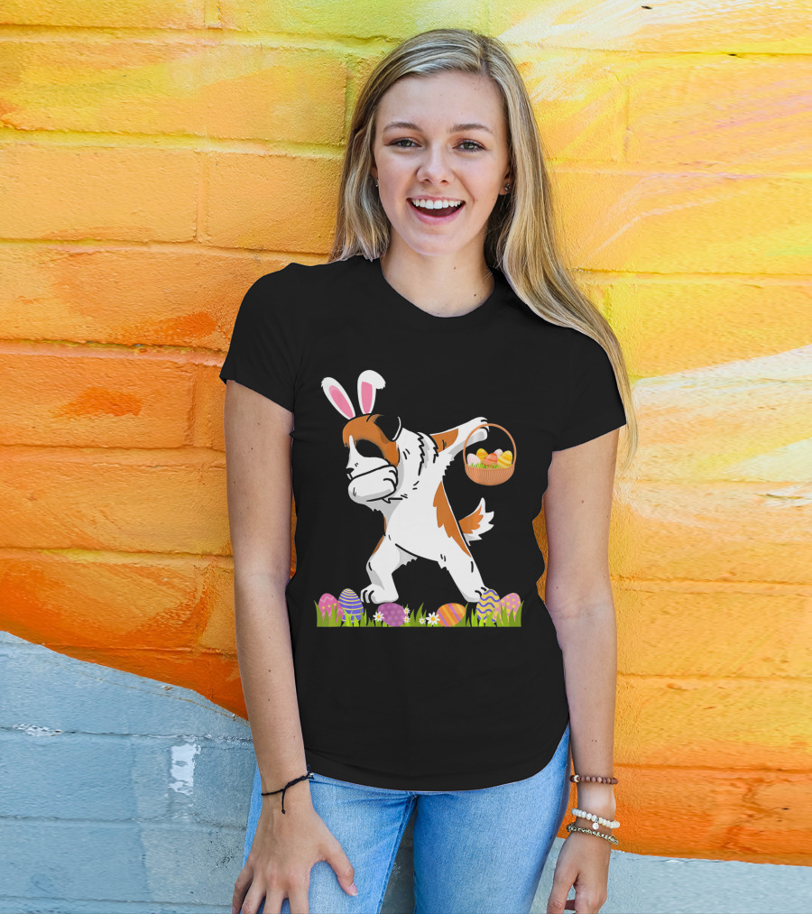 Funny Saint Bernard Dog Dabbing With Easter Bunny Ears And Basket Of Eggs T-Shirt