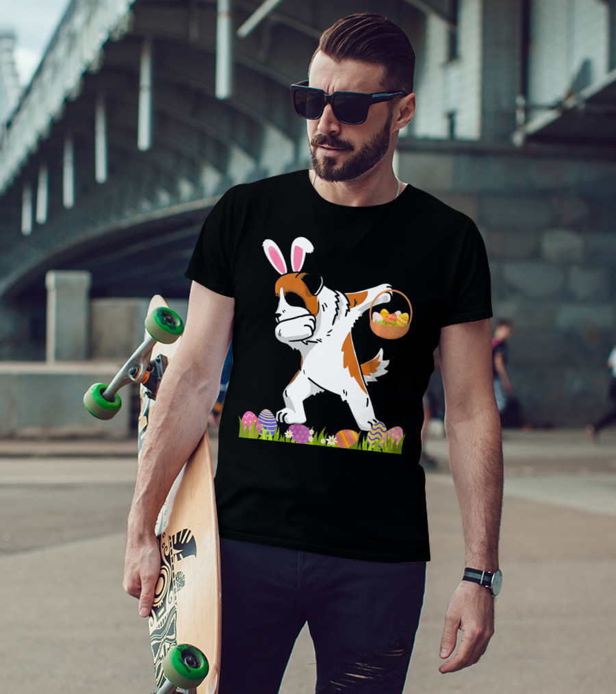 Funny Saint Bernard Dog Dabbing With Easter Bunny Ears And Basket Of Eggs T-Shirt