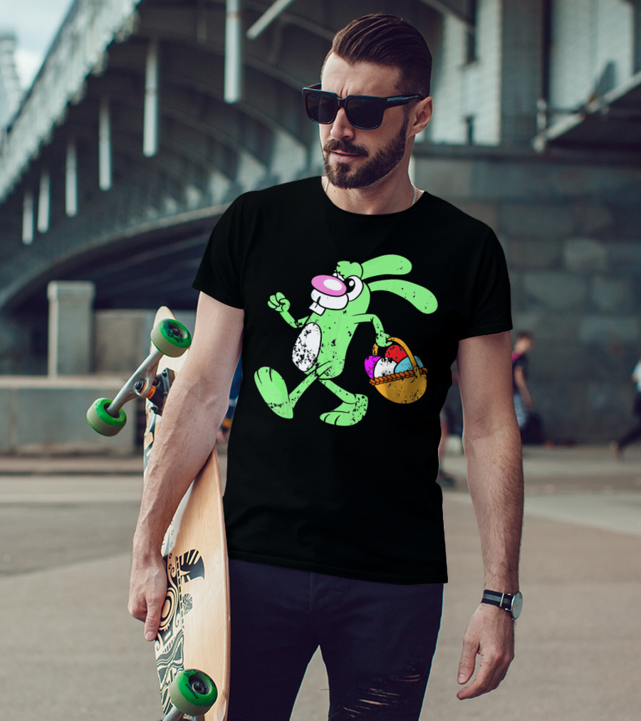 Retro Vintage Grunge Easter Bunny With Colorful Egg Basket T-Shirt