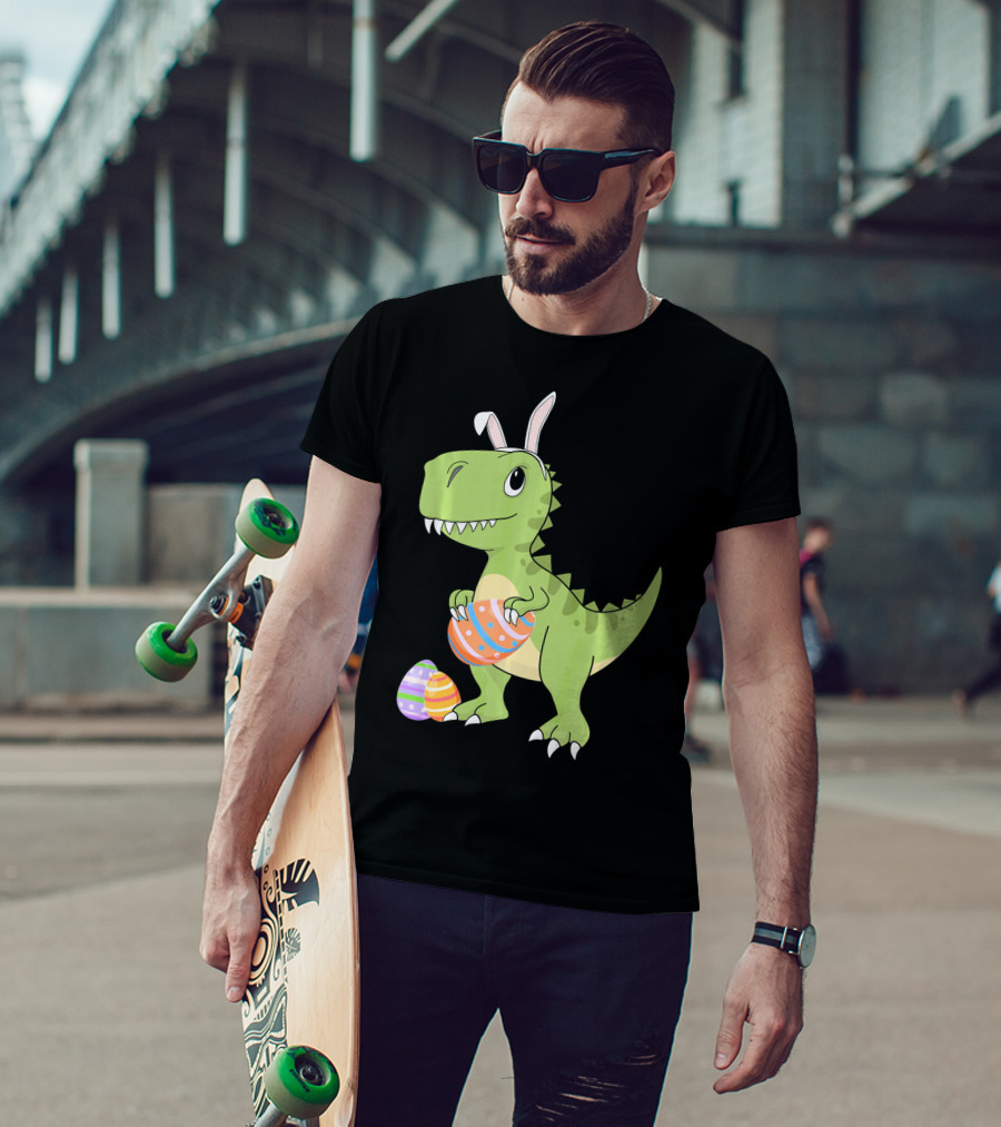 Easter Dinosaur Kids T-Rex With Bunny Ears Holding Colorful Eggs T-Shirt