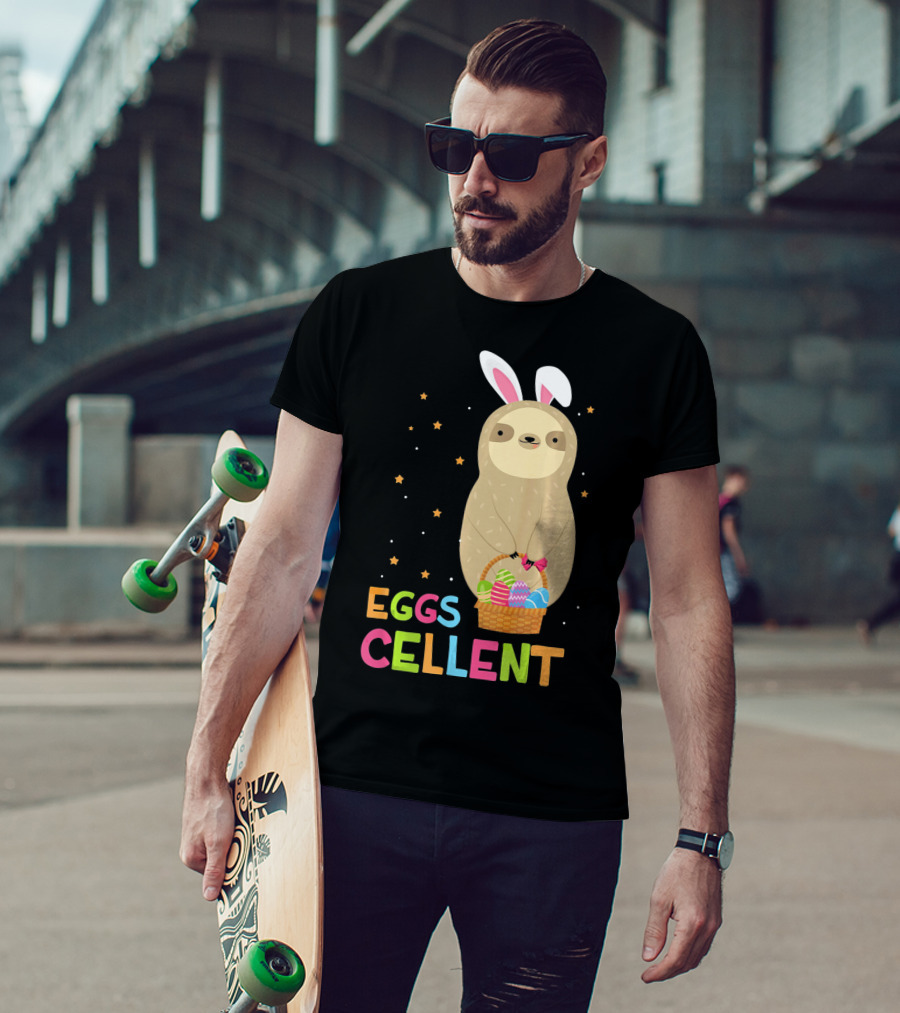 Sloth In Bunny Ears Holding Easter Eggs Cellent Basket T-Shirt