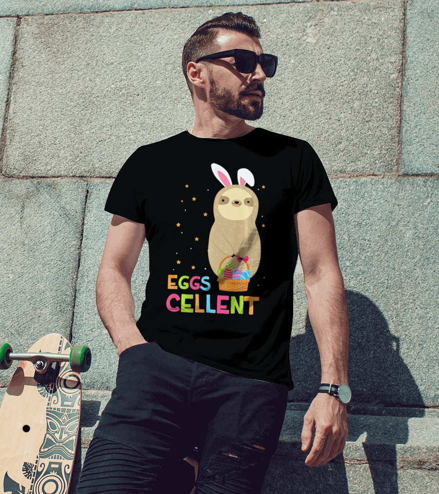 Sloth In Bunny Ears Holding Easter Eggs Cellent Basket T-Shirt