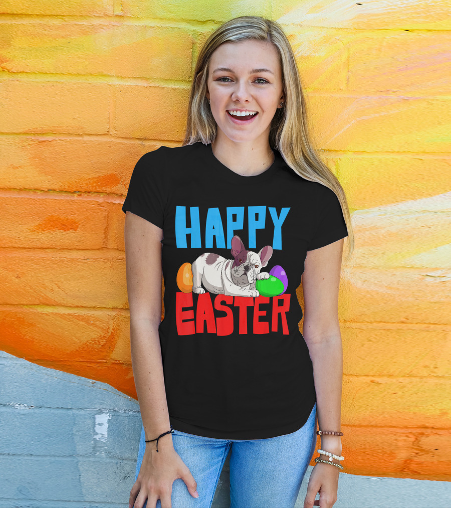 Happy Easter French Bulldog With Colorful Eggs T-Shirt