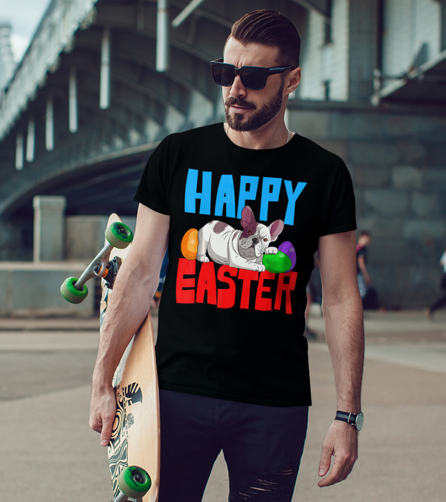 Happy Easter French Bulldog With Colorful Eggs T-Shirt