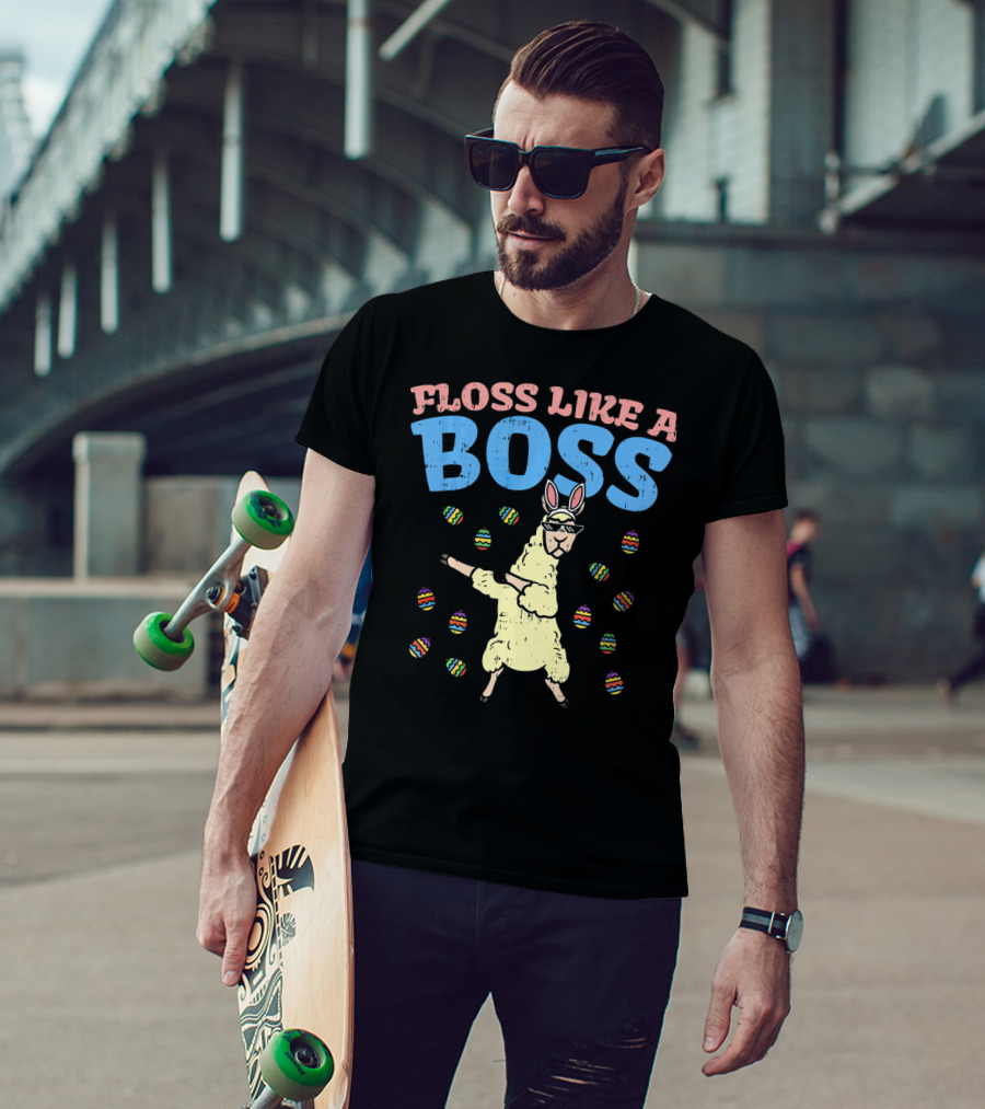 Floss Like A Boss Easter Llama Dancing With Bunny Ears And Colorful Eggs T-Shirt