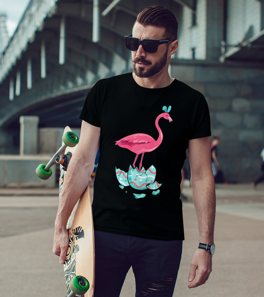 Funny Pink Flamingo On Easter Egg Bun With Bow T-Shirt