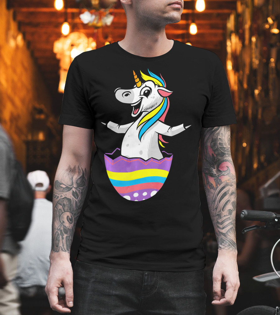 Easter Unicorn In Colorful Striped Egg T-Shirt