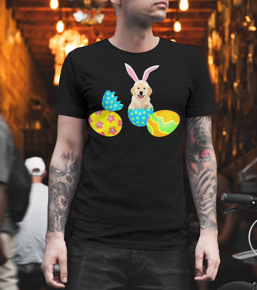 Labrador In Easter Eggs With Bunny Ears And Colorful T-Shirt