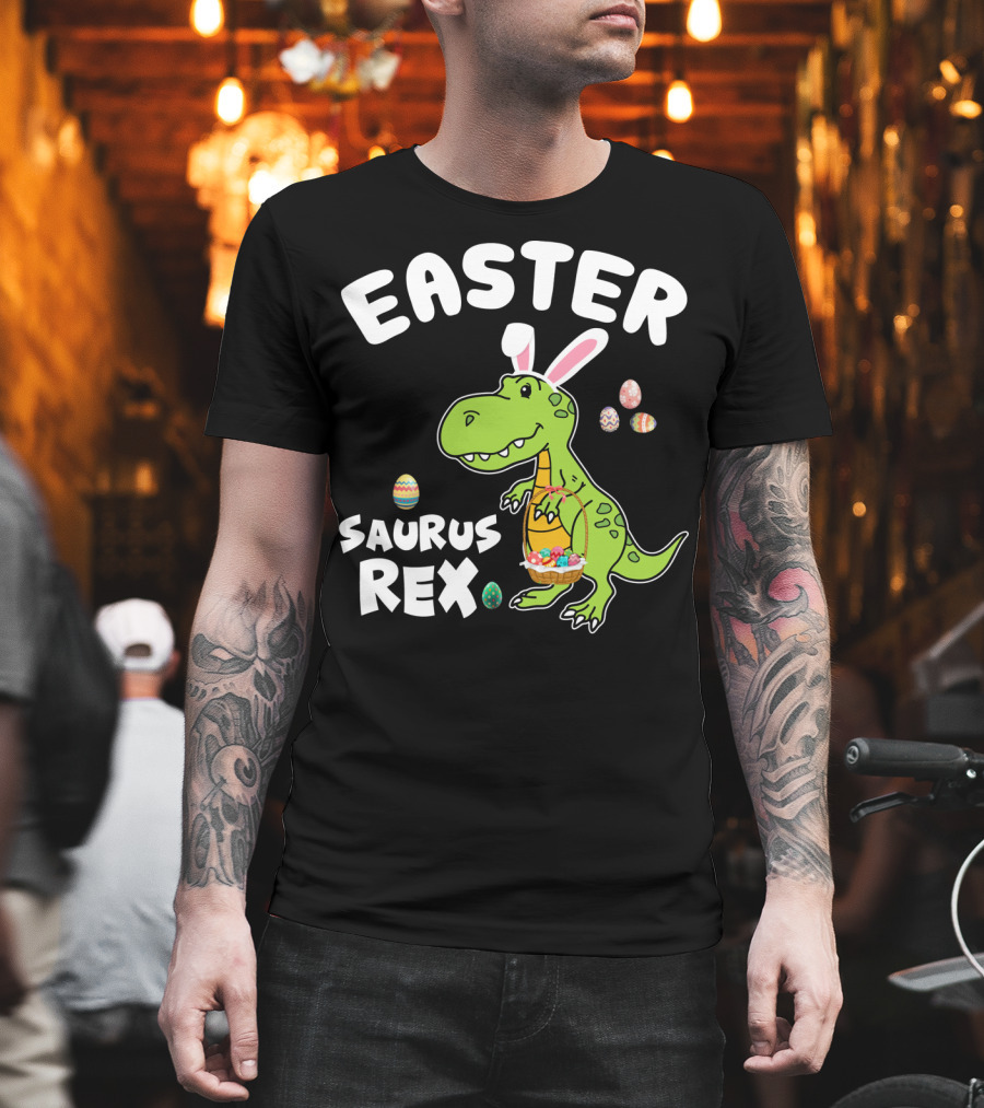 Easter Saurus Rex Dinosaur with Bunny Ears and Colorful Eggs T-Shirt