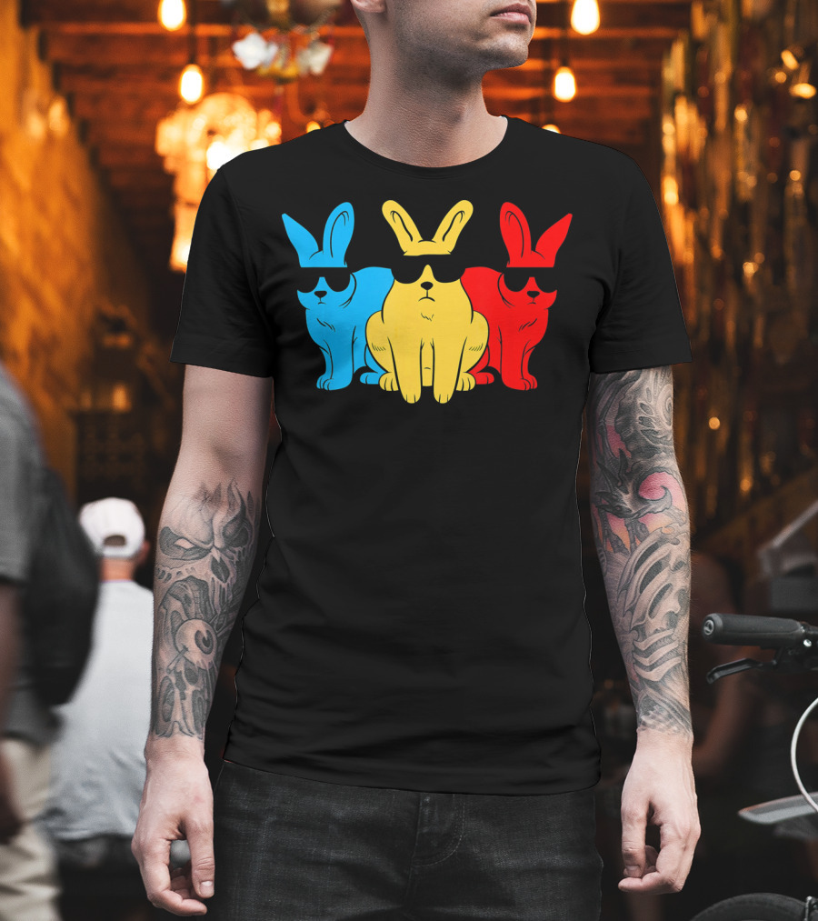 Hip Trio Bunnies Shades Funny Hipster Blue Yellow Red T-Shirt
