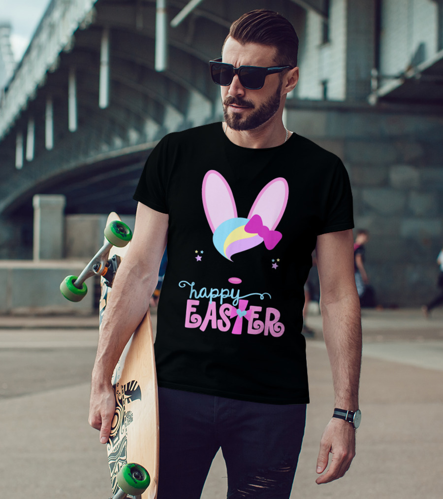 HAPPY EASTER Bunny Face Girls Bow Stars Colorful Ears T-Shirt
