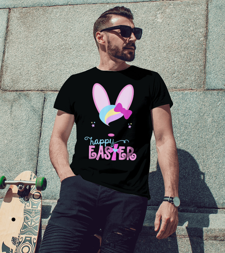 HAPPY EASTER Bunny Face Girls Bow Stars Colorful Ears T-Shirt