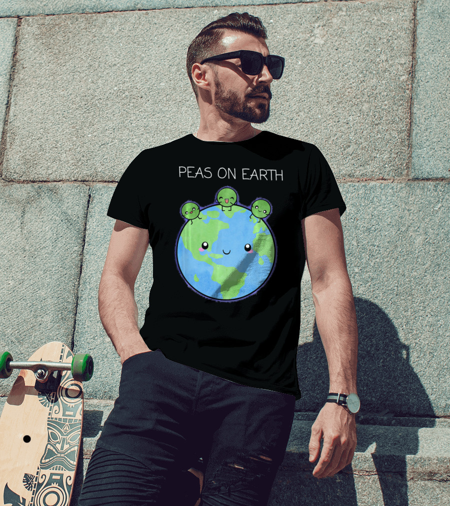 Peas On Earth Cute Cartoon Planet With Happy Faces T-Shirt