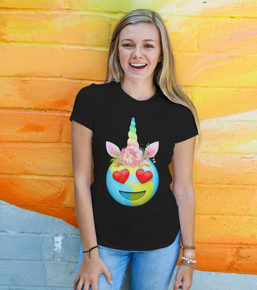 Heart Eyes Unicorn Earth Day Emoji Floral Mane T-Shirt
