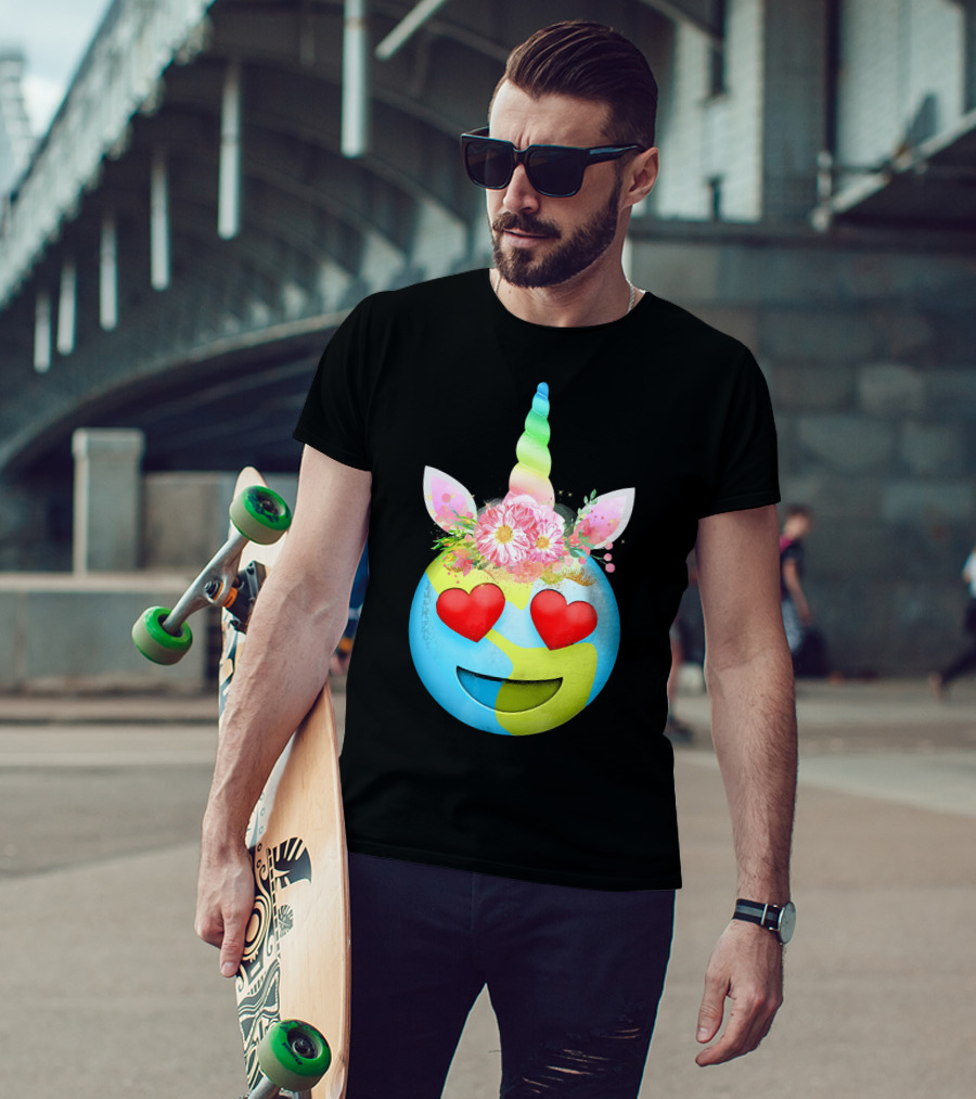 Heart Eyes Unicorn Earth Day Emoji Floral Mane T-Shirt