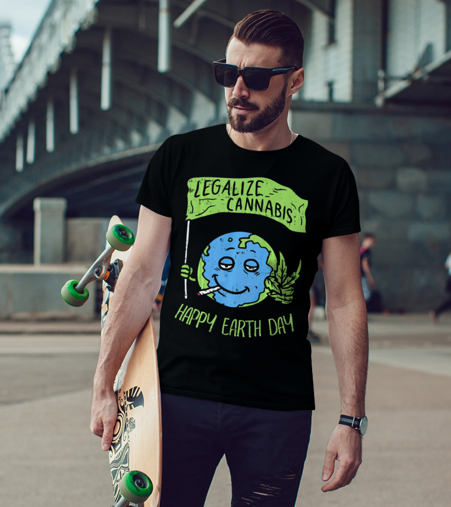 Legalize Cannabis Happy Earth Day Smoky Globe Holding Leaf T-Shirt