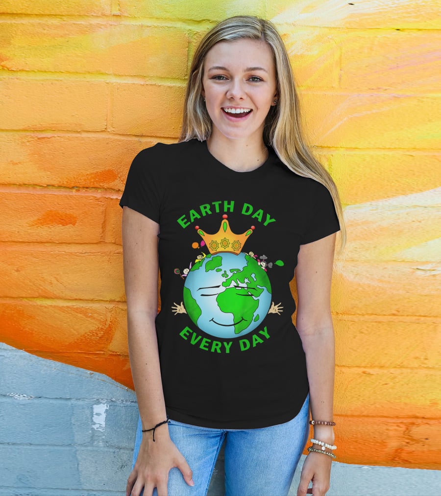 Earth Day Every Day Smiling Earth With Crown And Playful Elements T-Shirt