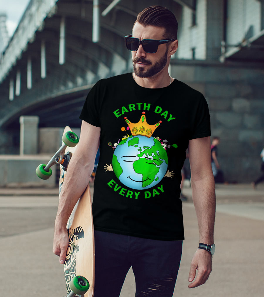 Earth Day Every Day Smiling Earth With Crown And Playful Elements T-Shirt