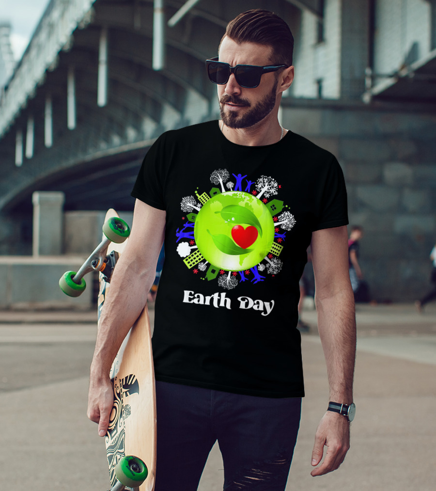 Earth Day Planet Earth Love With Leaf And Heart T-Shirt
