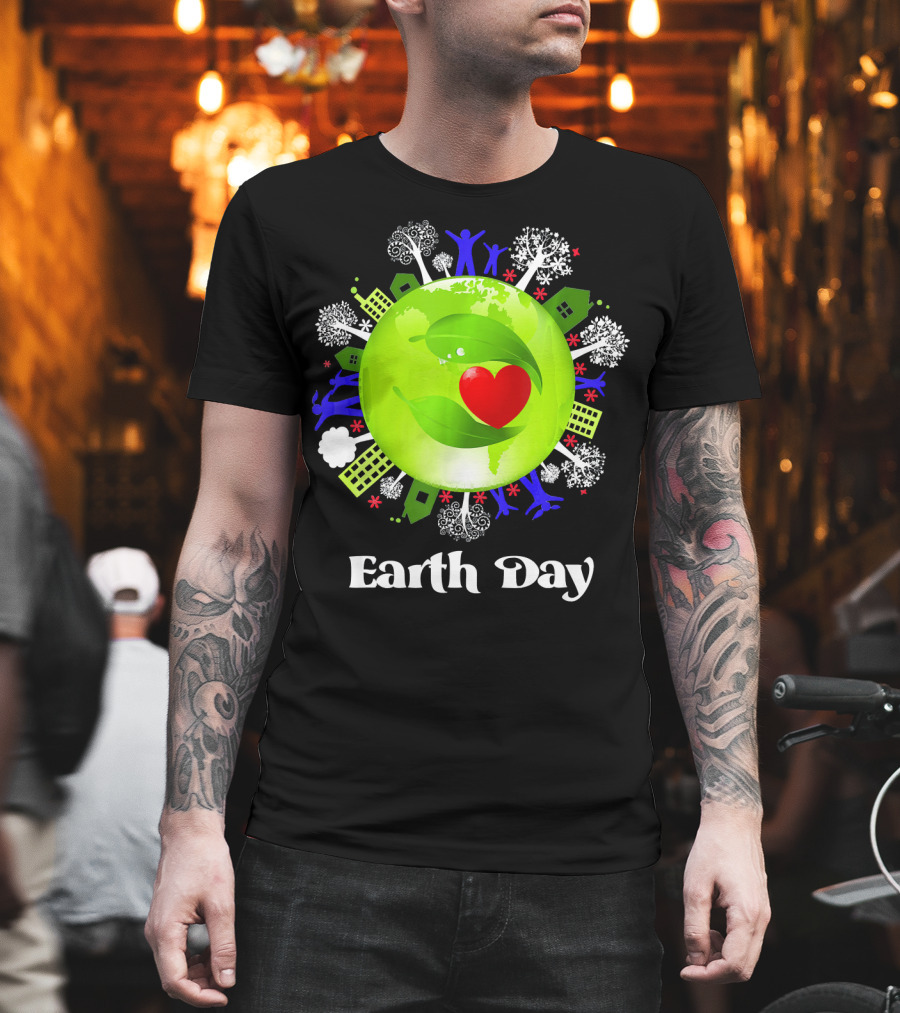 Earth Day Planet Earth Love with Leaf and Heart T-Shirt