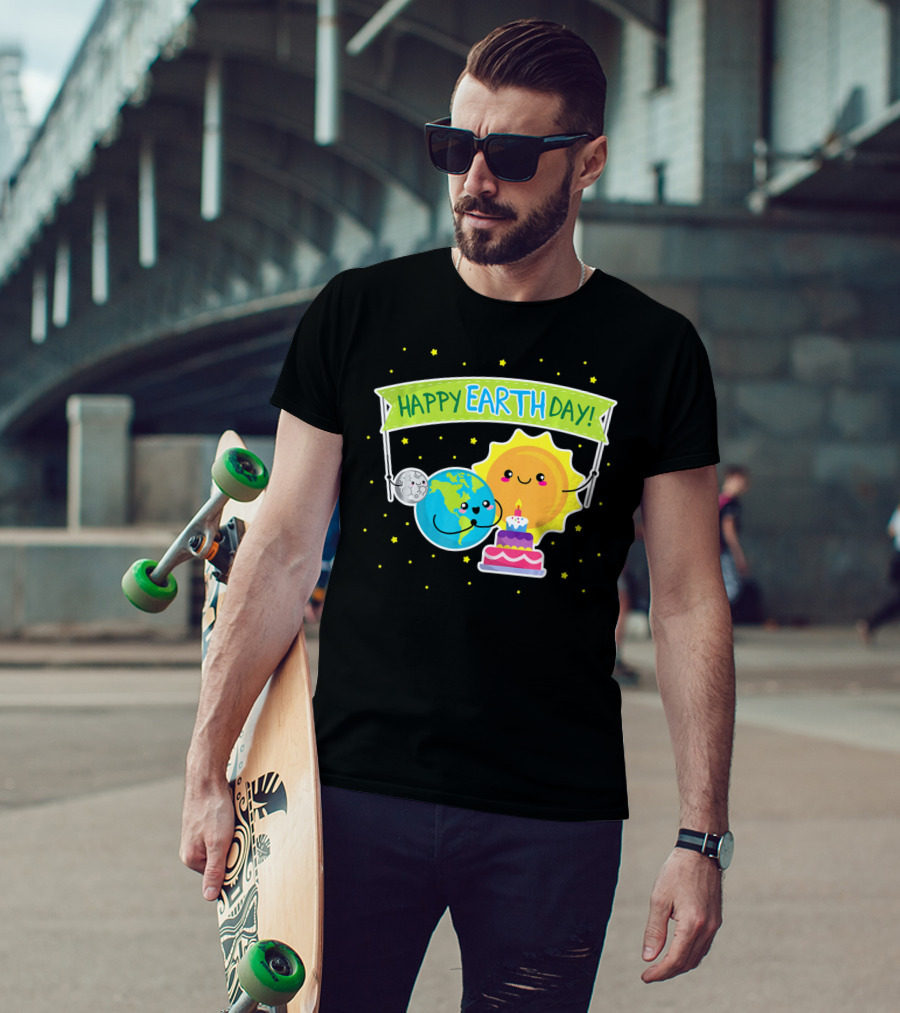 Happy Earth Day Cute Earth Sun Moon Cake T-Shirt