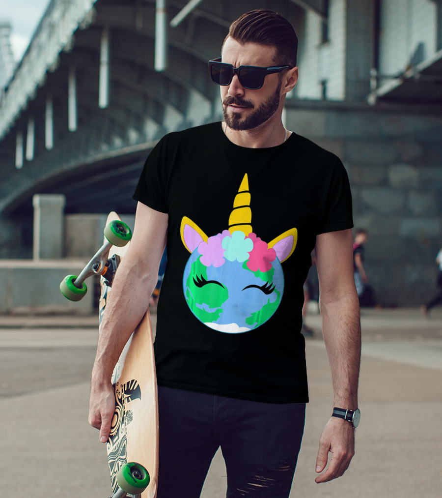 Unicorn Earth Cute Unicorn Face Earth With Flowers And Horn T-Shirt