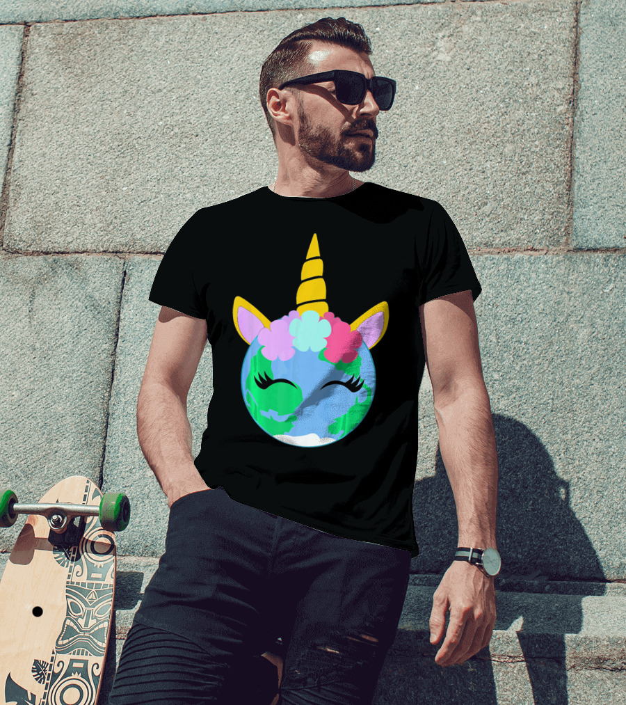 Unicorn Earth Cute Unicorn Face Earth With Flowers And Horn T-Shirt