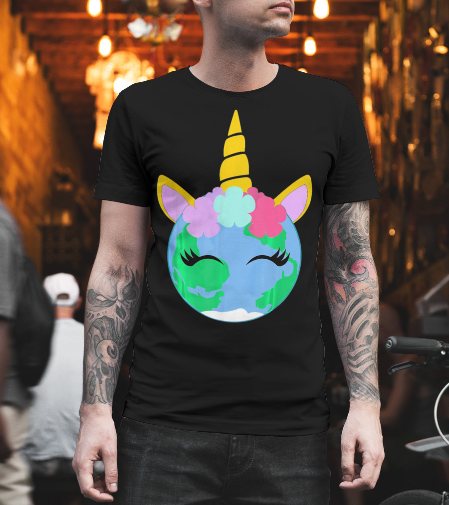 Unicorn Earth Cute Unicorn Face Earth With Flowers And Horn T-Shirt