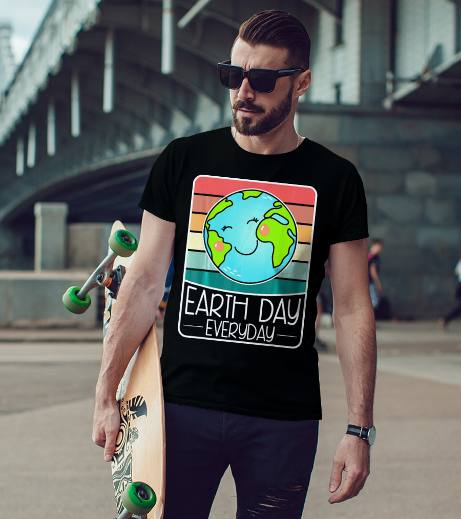 Earth Day Everyday Smiling Earth On Retro Stripes T-Shirt