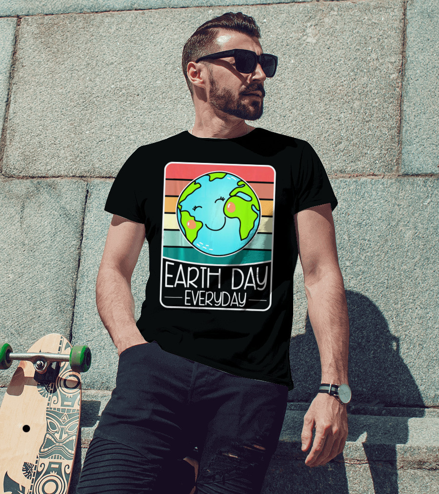 Earth Day Everyday Smiling Earth On Retro Stripes T-Shirt