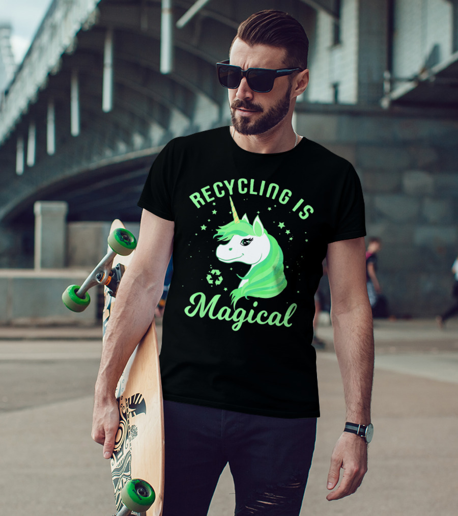Recycling Is Magical Unicorn Earth Day Green T-Shirt