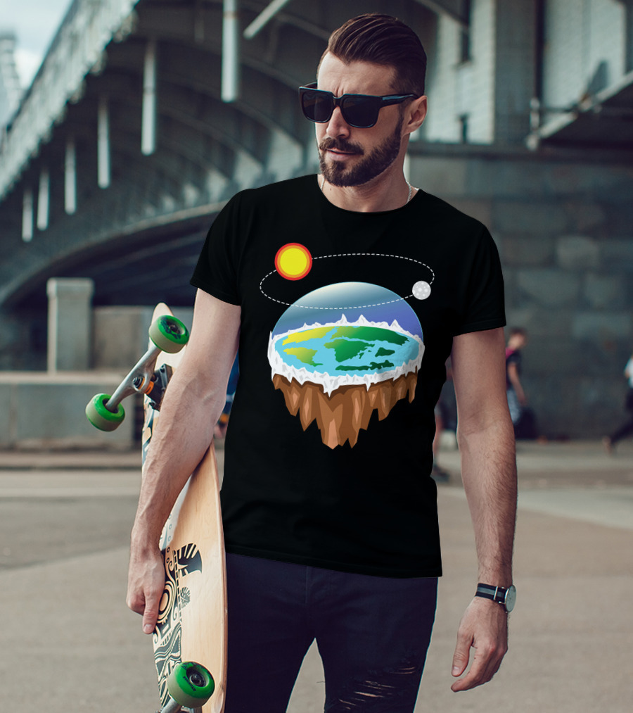 Flat Earth Ice Wall With Floating Sun And Moon Elements T-Shirt