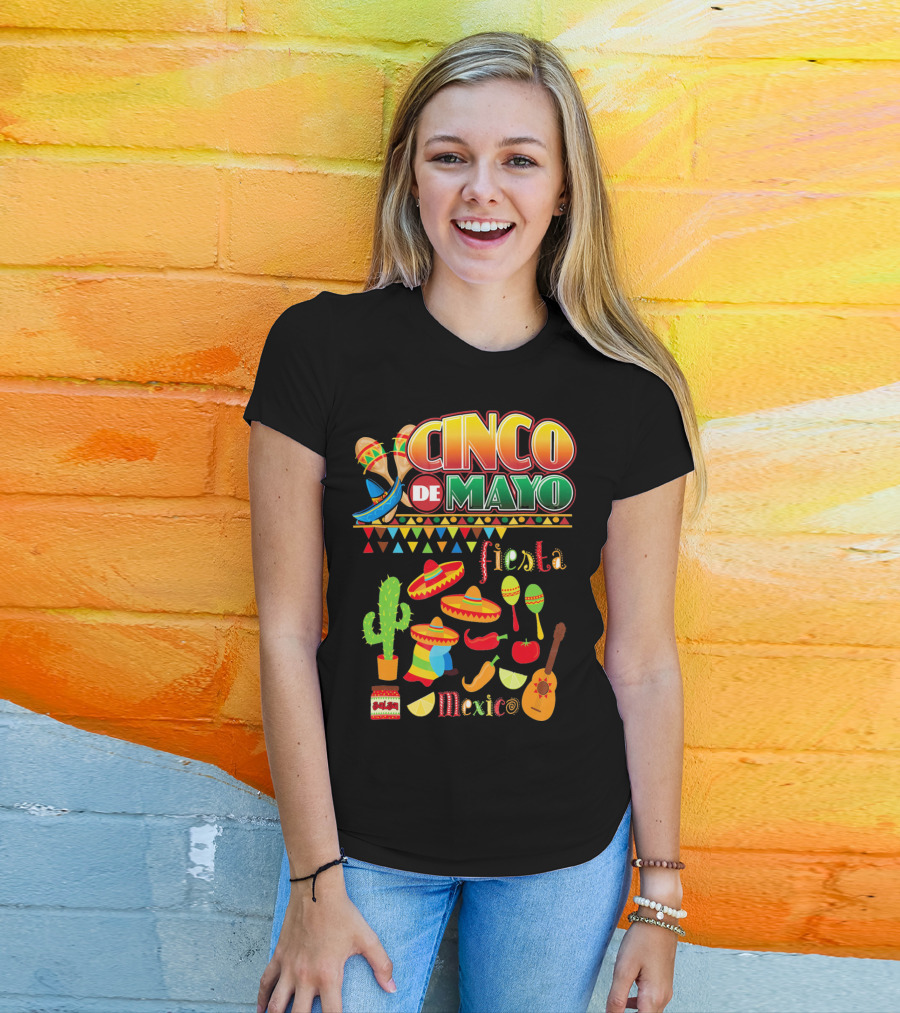 Cinco De Mayo Fiesta Mexico Cactus Sombrero Maracas Guitar Lime Chilli Peppers Icons T-Shirt