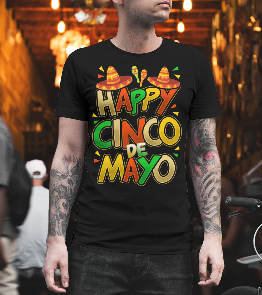 Happy Cinco De Mayo Fiesta Celebration Mexican Sombrero And Maracas T-Shirt