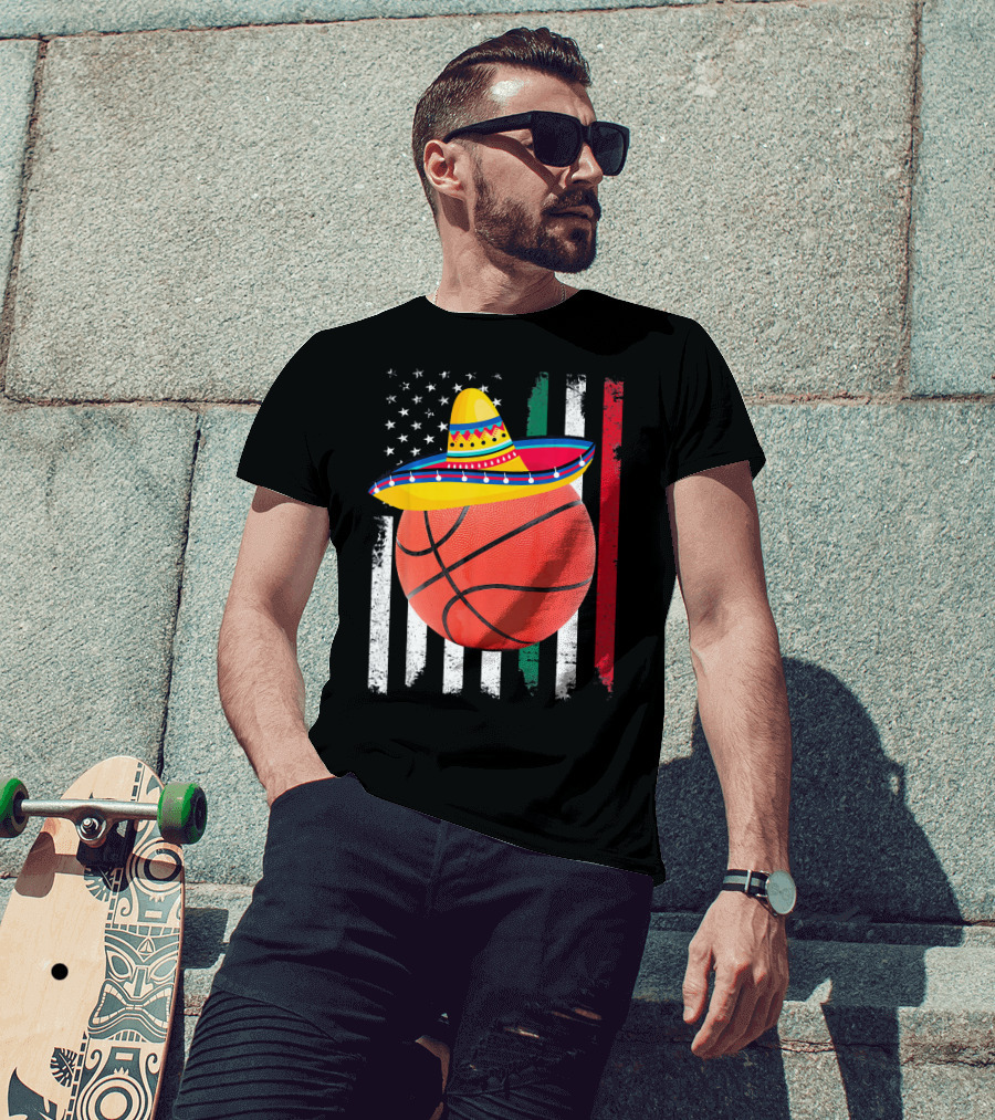 Cinco De Mayo Basketball Sombrero USA Mexico Flag T-Shirt