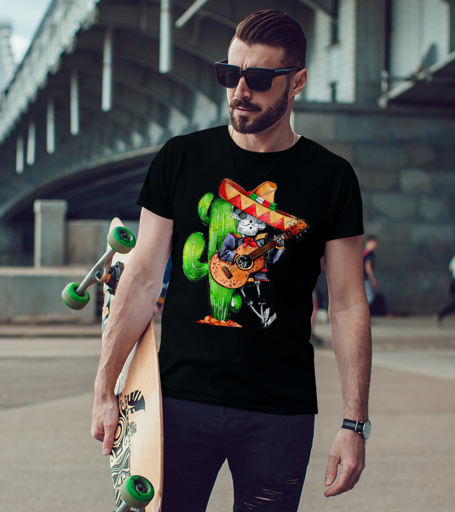 Mexican Independence Cinco De Mayo Mariachi Skeleton With Sombrero And Guitar T-Shirt