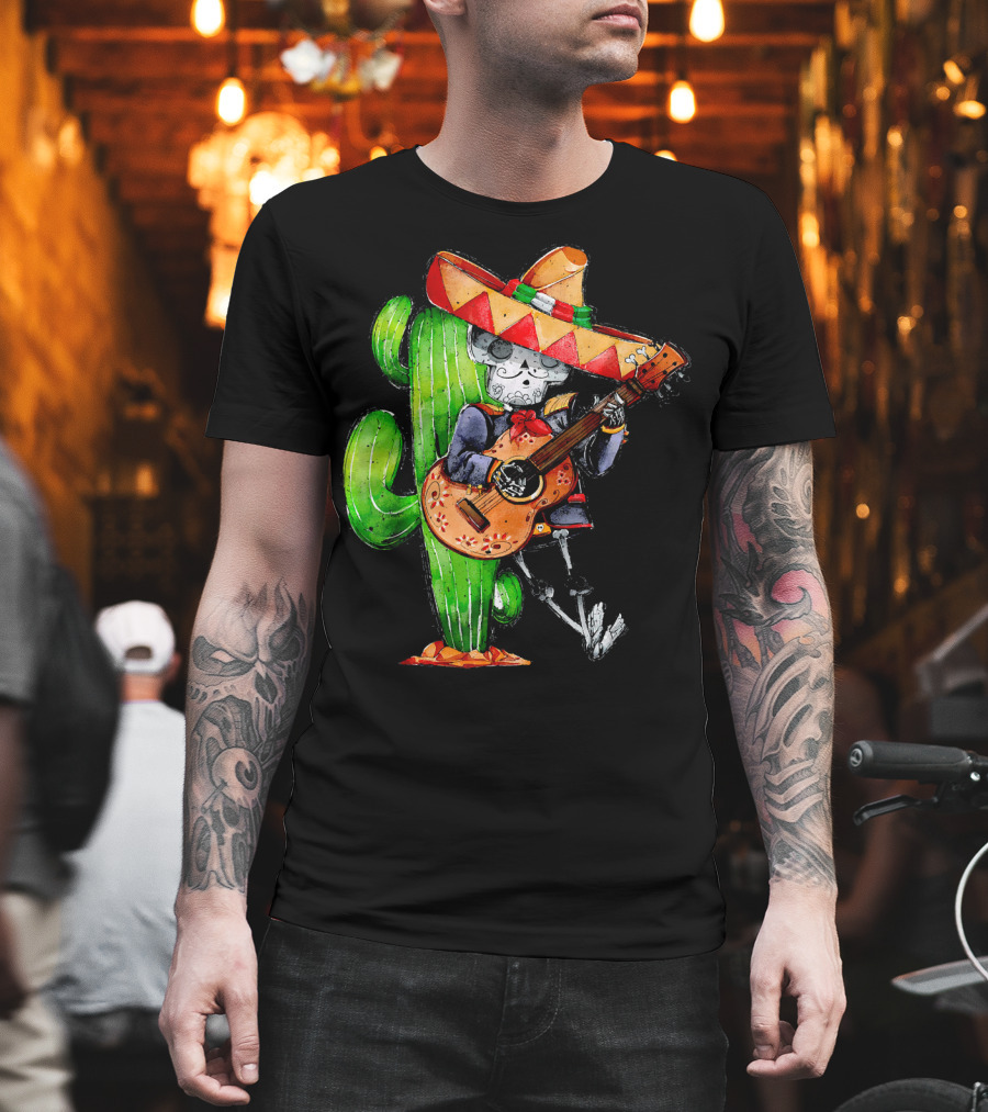 Mexican Independence Cinco De Mayo Mariachi Skeleton With Sombrero And Guitar T-Shirt