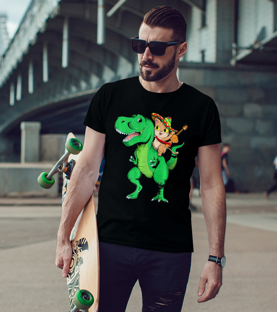 Cinco De Mayo Cat With Sombrero Riding T-Rex T-Shirt