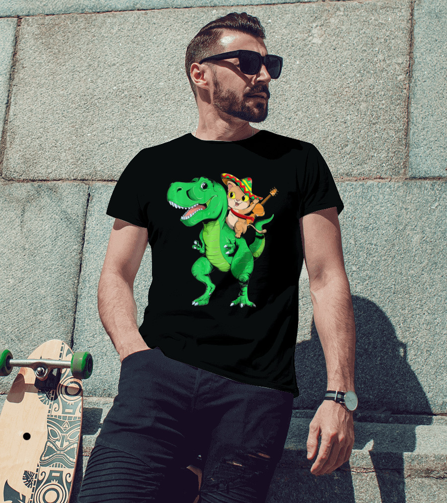 Cinco De Mayo Cat With Sombrero Riding T-Rex T-Shirt
