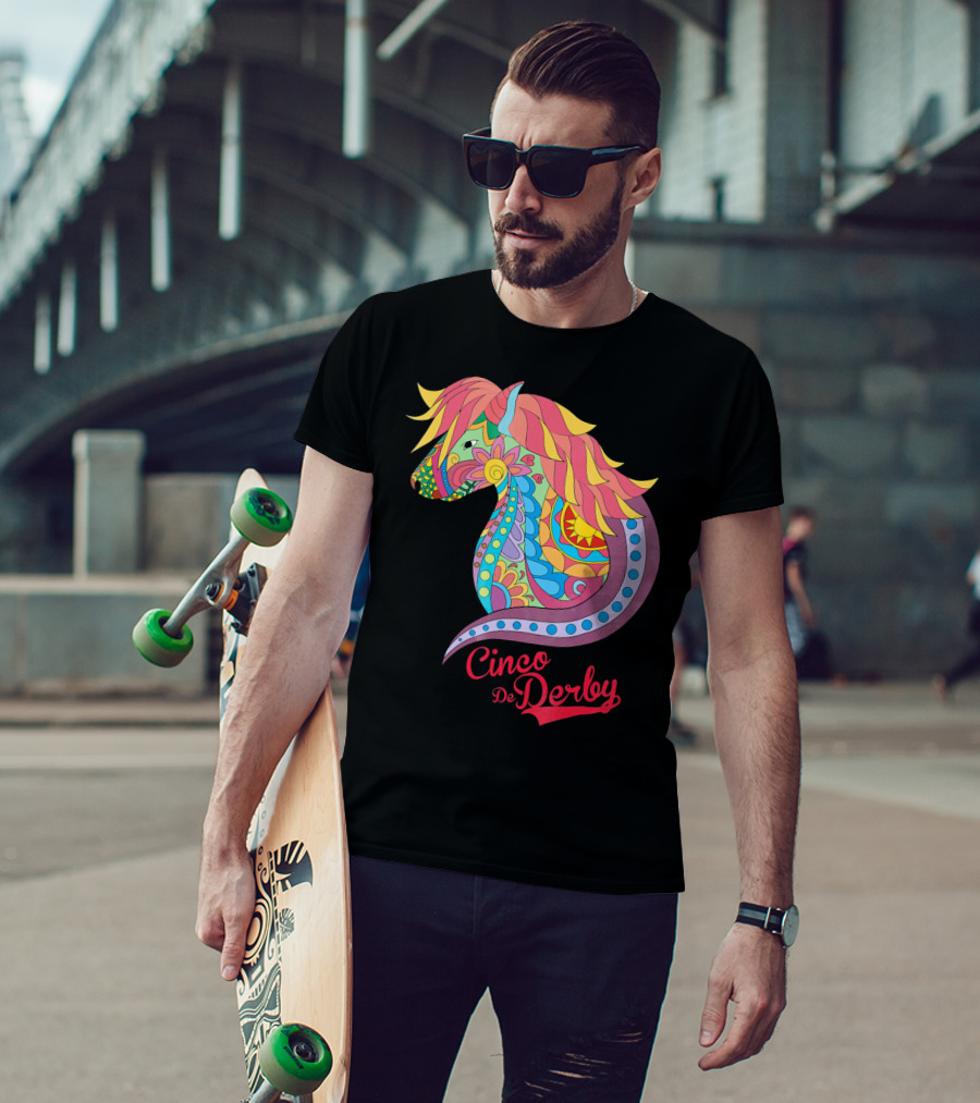 Cinco De Derby Colorful Horse Motif T-Shirt