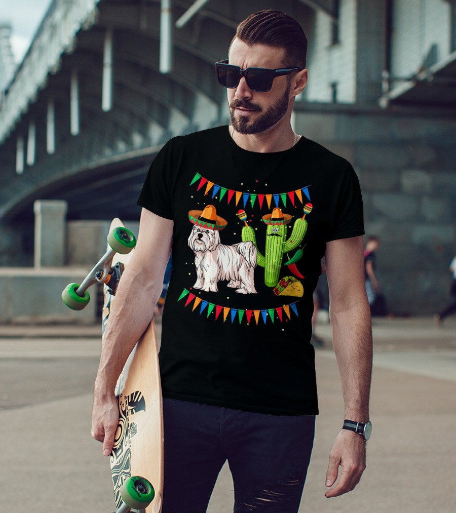 Maltese Dog Sombrero Mexico Cinco De Mayo Cactus Taco Fiesta T-Shirt