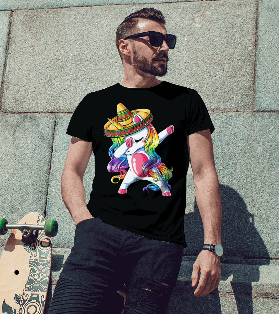 Dabbing Rainbow Unicorn With Sombrero Funny Cinco De Mayo T-Shirt