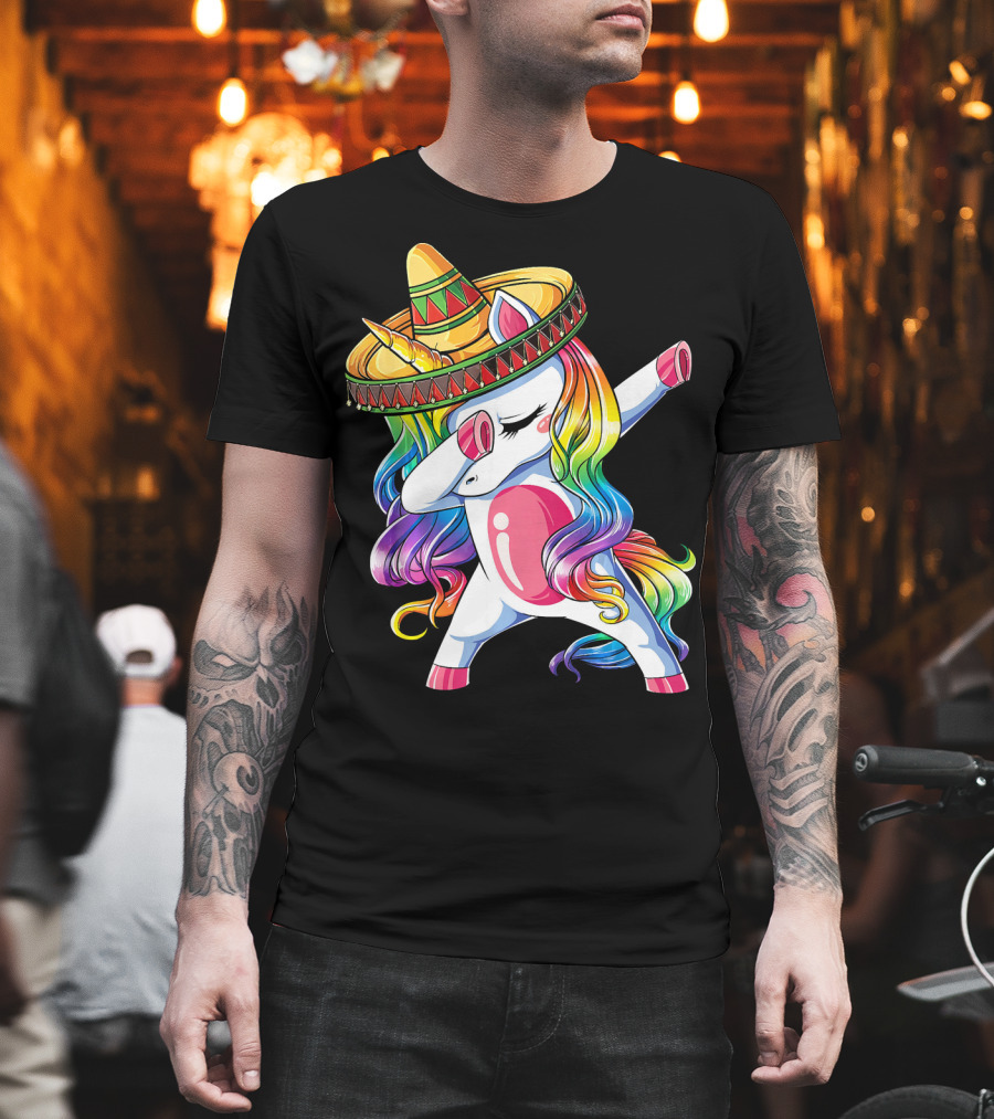 Dabbing Rainbow Unicorn with Sombrero Funny Cinco de Mayo T-Shirt