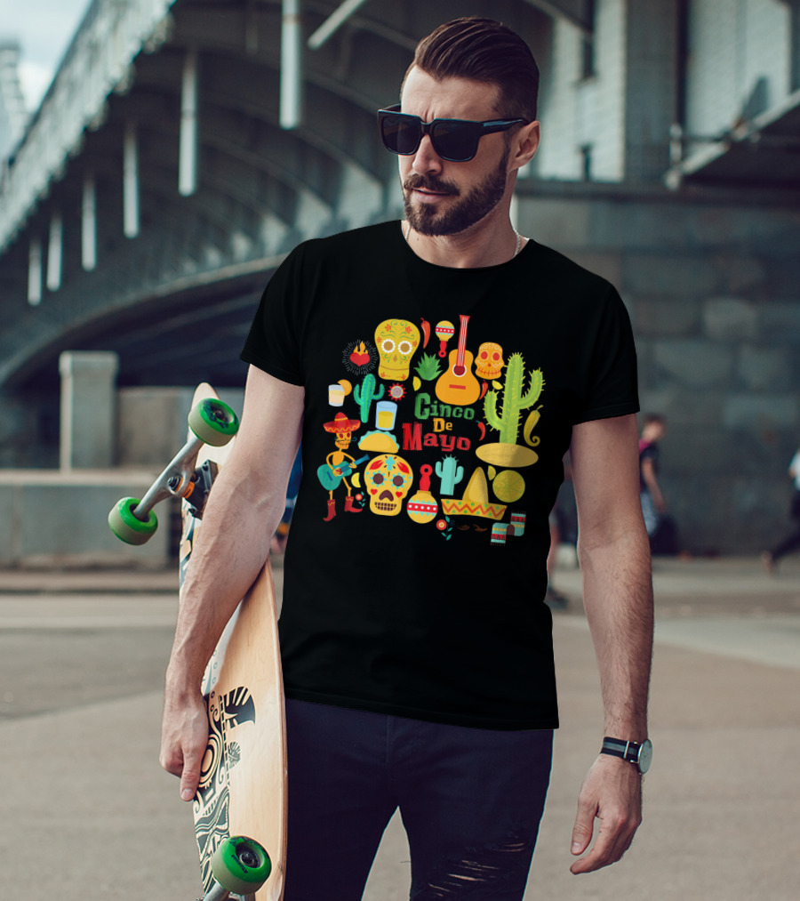 Cinco De Mayo Cactus Skull Sombrero Guitar Festivity T-Shirt