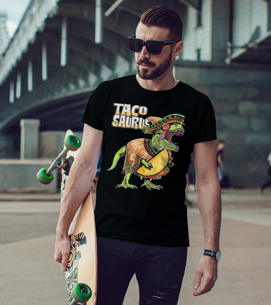 Tacosaurus Dinosaur Wearing Sombrero And Serape Holding Taco T-Shirt