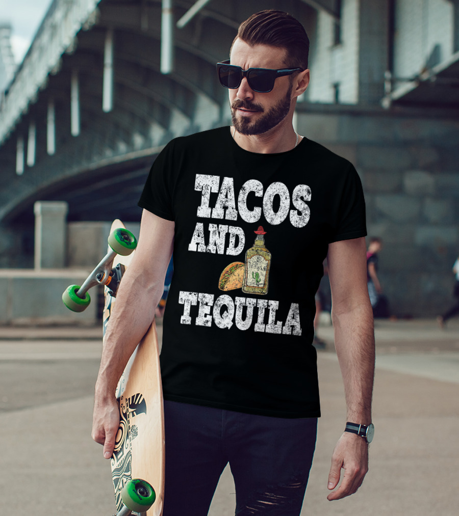Tacos And Tequila With Bottle And Sombrero For Cinco De Mayo T-Shirt