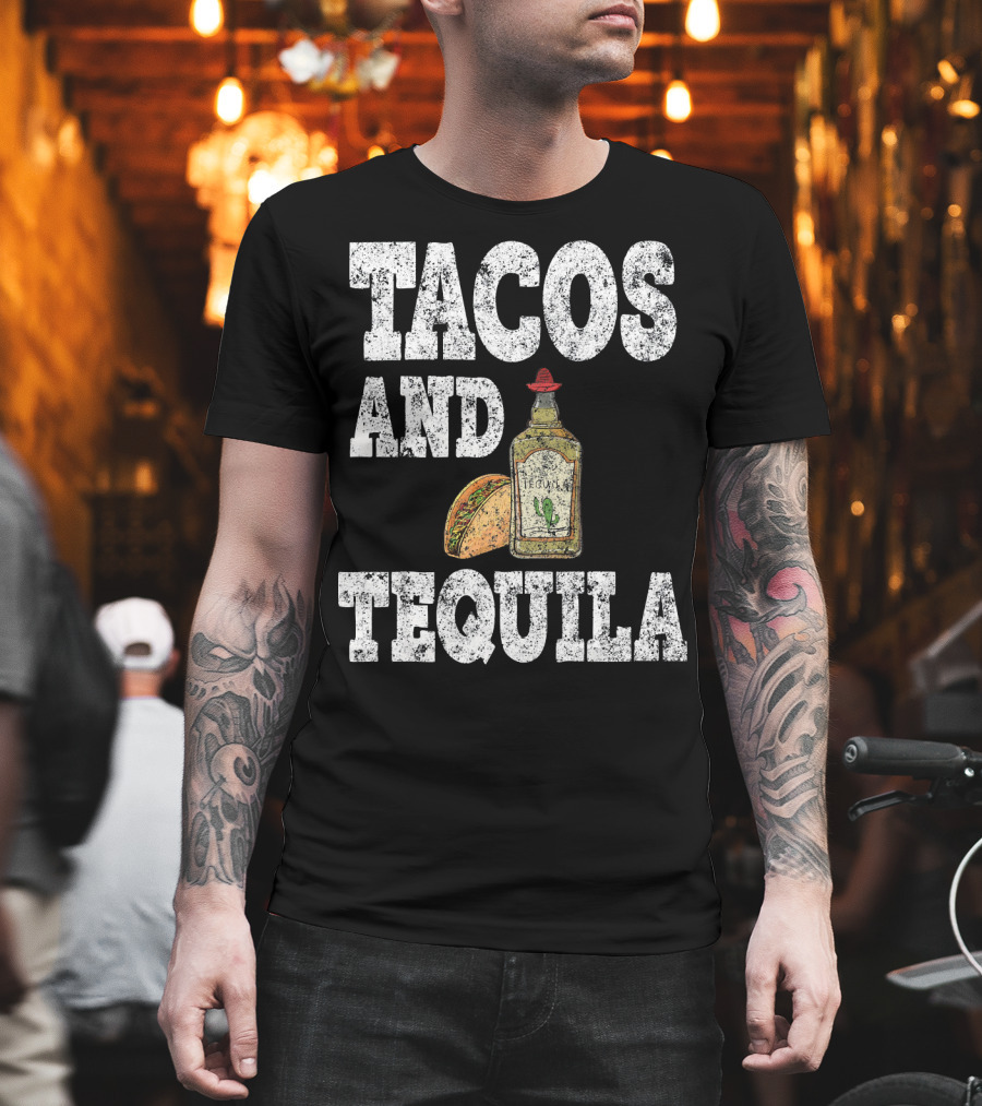 Tacos And Tequila With Bottle And Sombrero For Cinco De Mayo T-Shirt