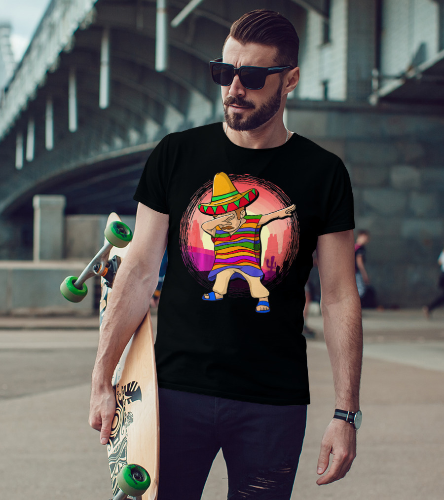 Mexican Poncho Sombrero Dabbing Sunset Cactus Background T-Shirt