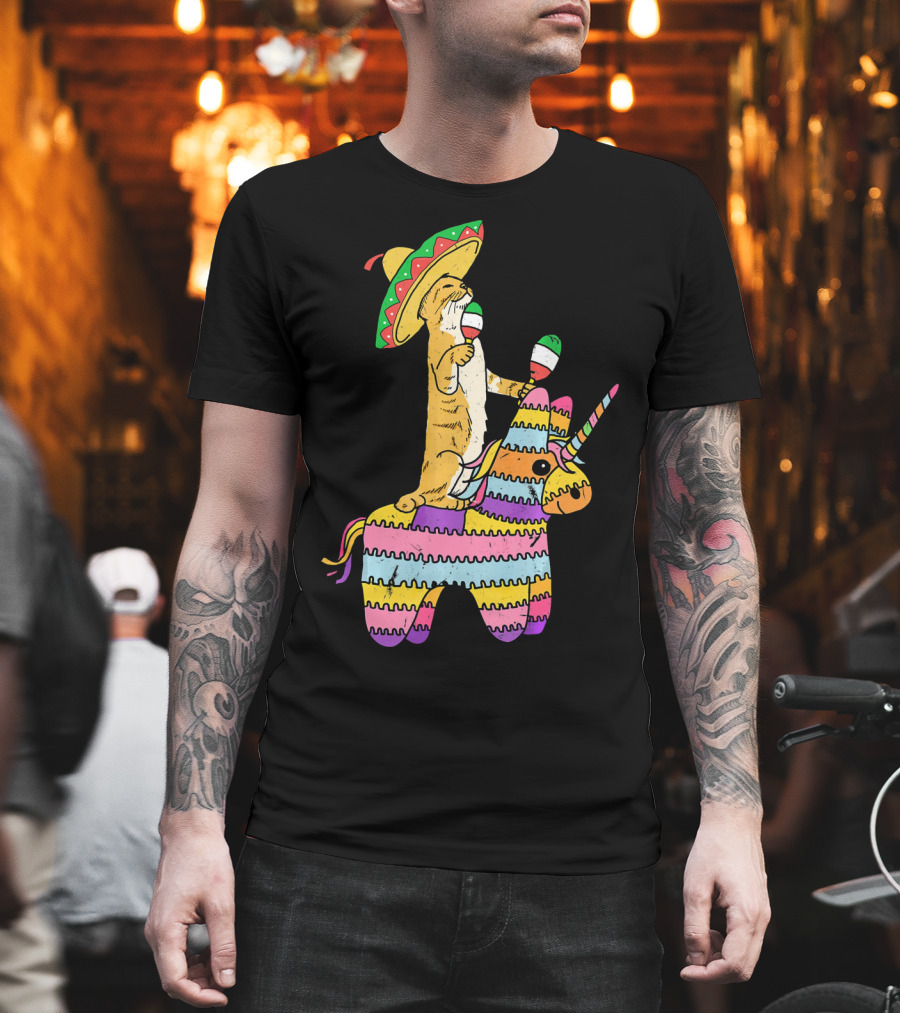 Cinco de Meow Cat Riding Colorful Unicorn Pinata with Sombrero and Maracas T-Shirt